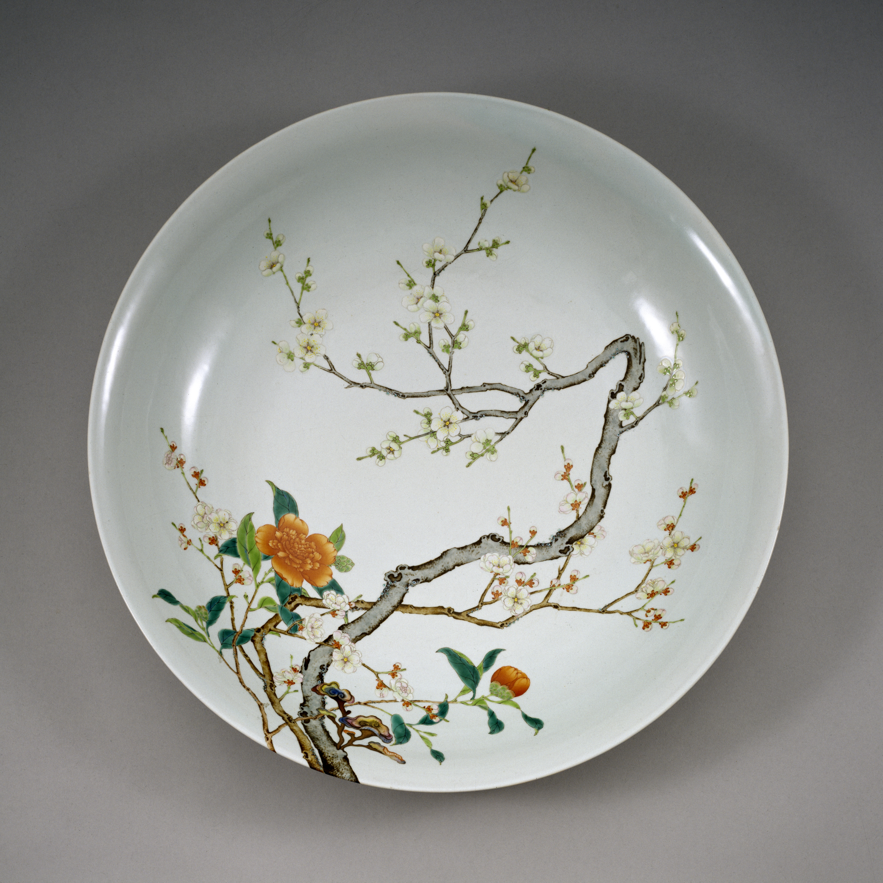 a porcelain plate with a flowering branch drawn on it