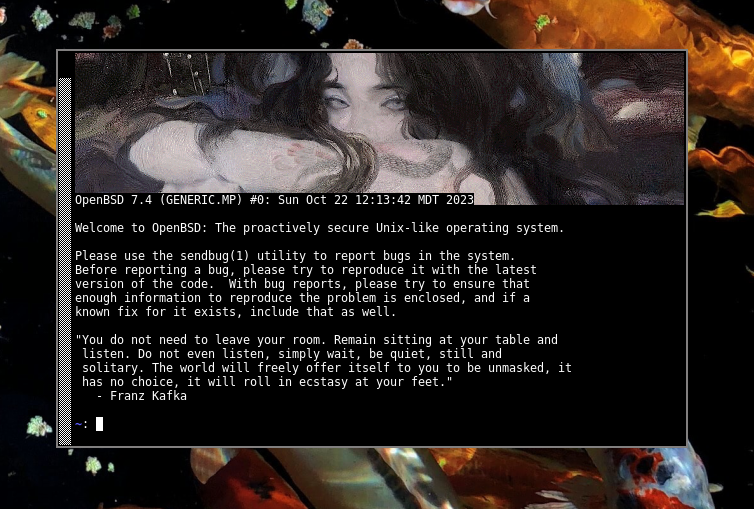 XTerm displaying a Kafka quote and image banner of a naiad.